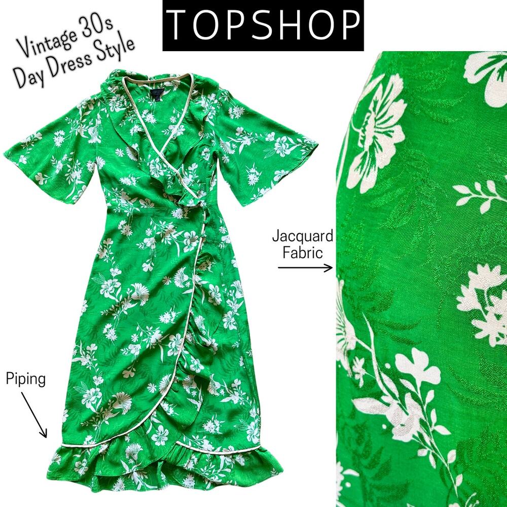 TOPSHOP Green Wrap Dress Jacquard Retro Vintage 30s 40s Ruffle Summer Floral